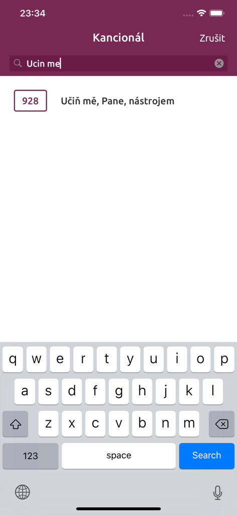 Search interface of the Kancional app showing a Czech hymn result