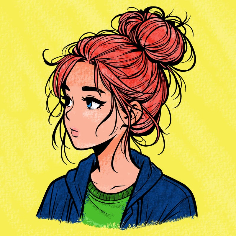 realistic teenage girl with a messy bun