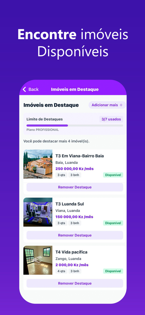 Zuela Imoveis - Zuela Imoveis app screen showing featured rental property listings in Luanda Angola with prices and availability.