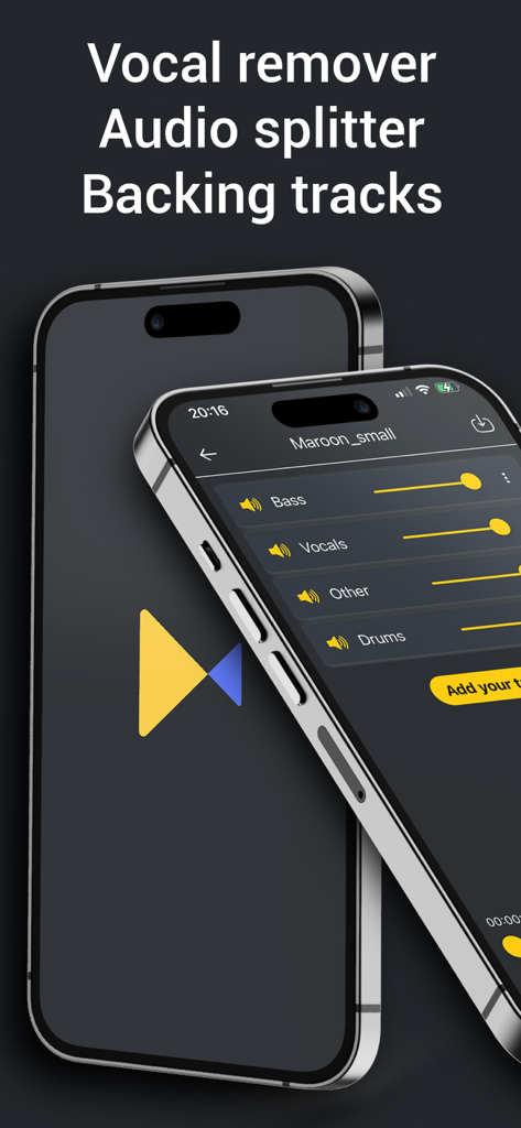 Vocal Remover, Audio Extractor - Revoicersアプリのインターフェースを表示するスマートフォンの画面。曲からボーカル、ベース、ドラムを分離するためのスライダーが表示されている。