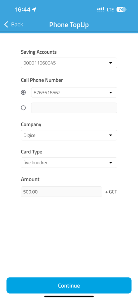 JN Bank LIVE Personal - JN Bank LIVE Personal app phone top-up screen with fields for savings account, Jamaican phone number, Digicel mobile provider, and credit amount.