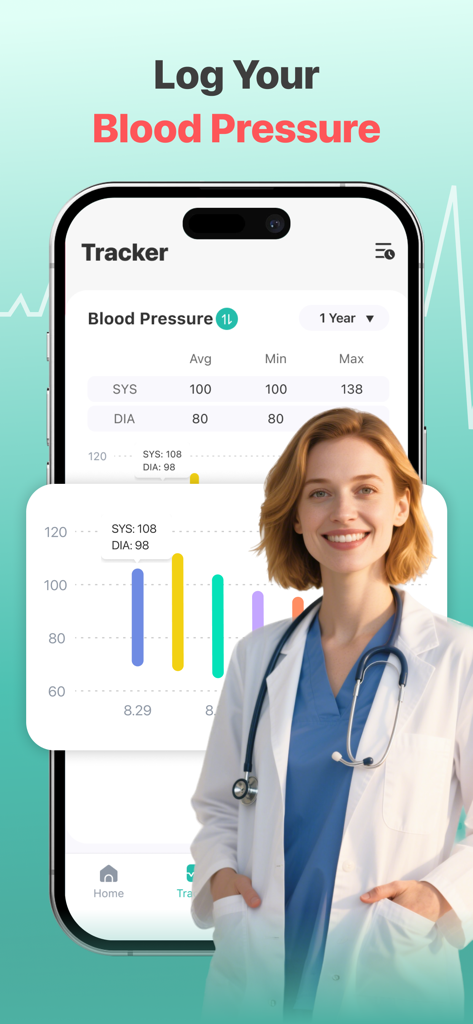 Um smartphone exibindo o aplicativo iHealth Blood Pressure Tracker com gráficos de saúde e uma médica sorridente.