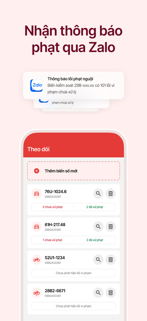 Tra cứu phạt nguội toàn quốc - Interface of the traffic fine lookup app showing vehicle monitoring and Zalo notification alerts