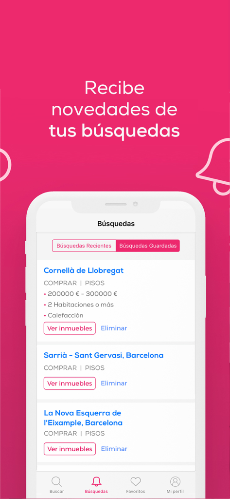 Interface of the yaencontre app showing saved property searches and real estate alerts for apartments in Spain.