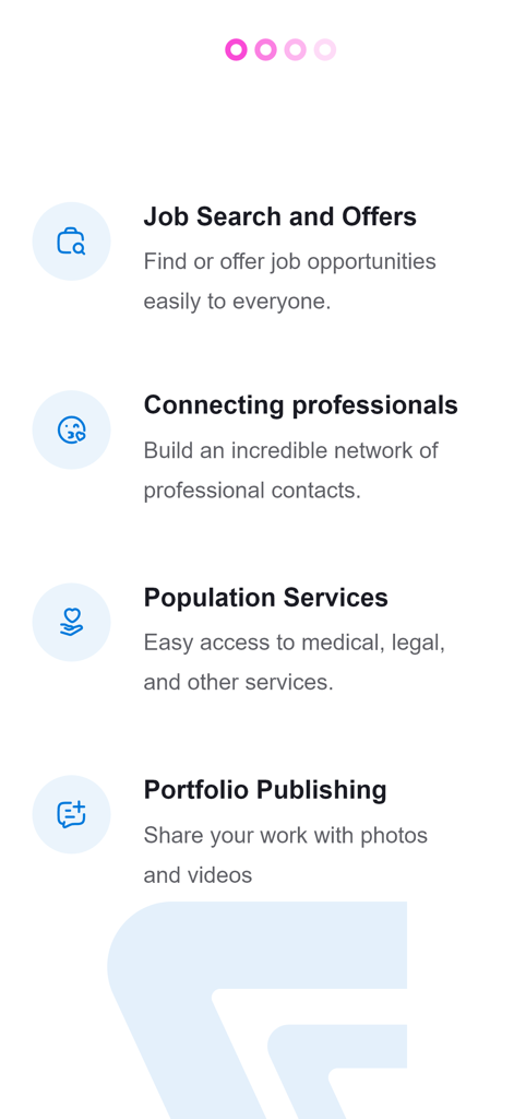 Lista de las principales características de la aplicación de redes sociales y búsqueda de empleo World Work, que incluyen ofertas de empleo y networking profesional.