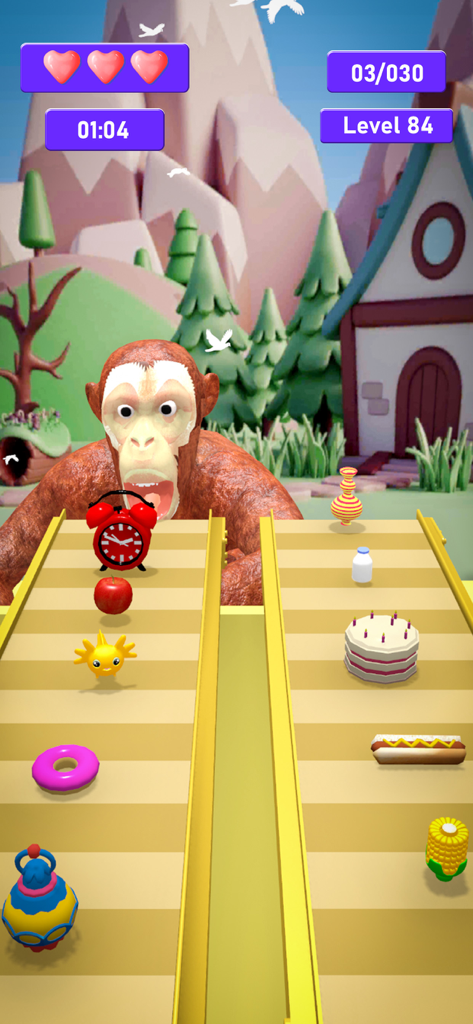 Gorilla Mukbang! ASMR Eating - A mobile game screenshot of Gorilla Mukbang showing a cartoon gorilla waiting to be fed various food items on a conveyor belt