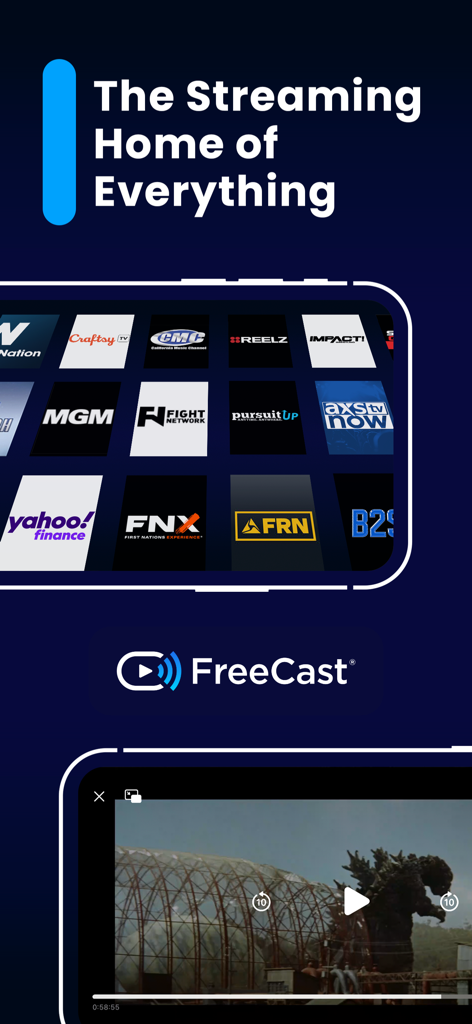 FreeCast: TV Shows & Movies - FreeCast app interface showcasing a grid of streaming channels and a movie player.