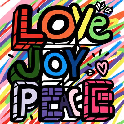 the word in block letters "love, joy, peace"