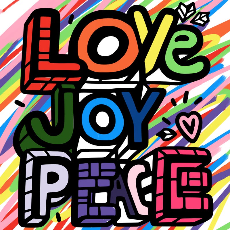 the word in block letters "love, joy, peace"