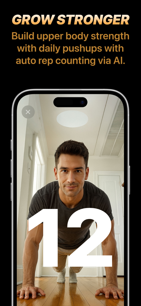 The Push Up Challenge - Man performing push ups with AI automatic rep counting on a smartphone