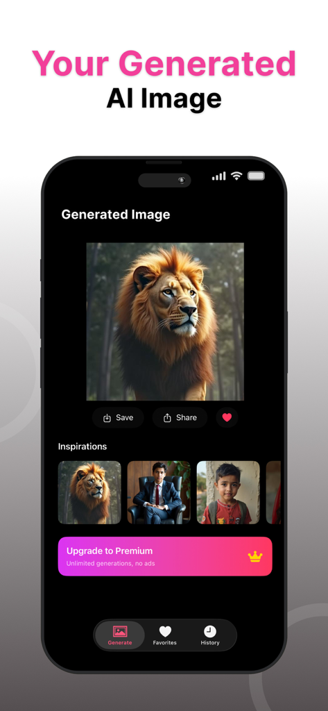 Blue Willow AI – Text to Image - Interface de l'application Blue Willow AI affichant une image générée d'un lion
