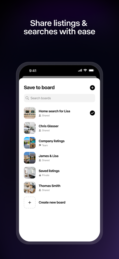 Luxury Presence mobile app interface showing collaborative real estate boards for sharing listings.
