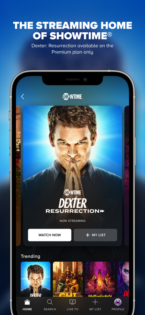 Paramount+ - Paramount Plus mobile app interface featuring Dexter Resurrection from Showtime