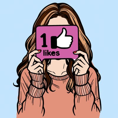 teen girl holding a  10 likes sign covering her face