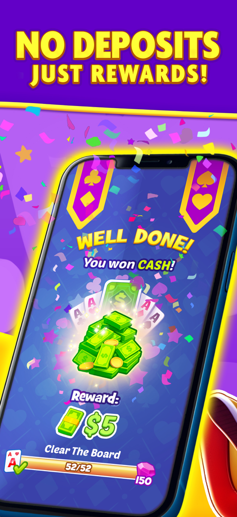 Win Money Solitaire - A mobile game screen from Win Money Solitaire showing a well done message and a five dollar cash reward for clearing the board