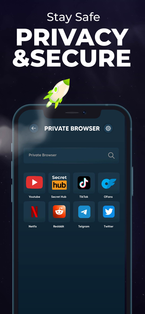 VPNLINE - Fast & Secure Vpn - VPNLINE app private browser screen featuring shortcuts to popular streaming and social media sites with a headline stay safe privacy and secure
