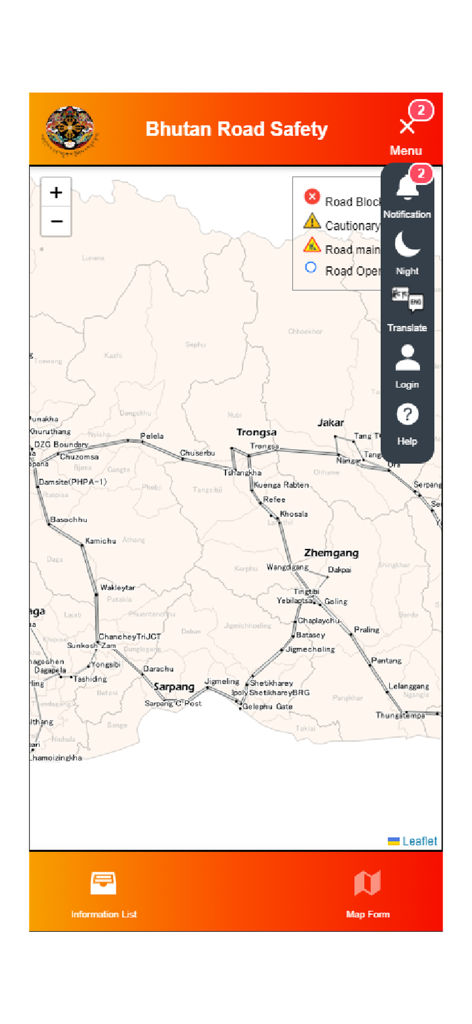 부탄의 실시간 도로 안전 지도, 도로 상황 및 차단 표시