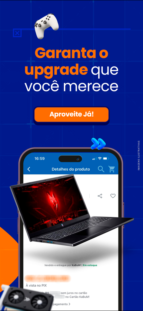 KaBuM app promotion displaying a gaming laptop product page on a smartphone with tech hardware graphics