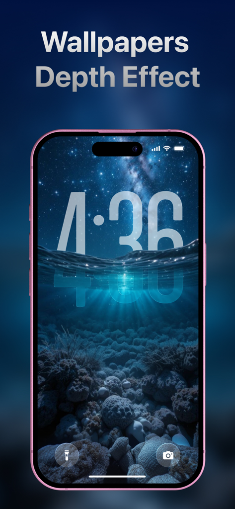 Wallio - Live Wallpapers - 수중 및 별이 빛나는 하늘 테마의 3D 깊이 효과 배경화면을 표시하는 아이폰 잠금 화면.