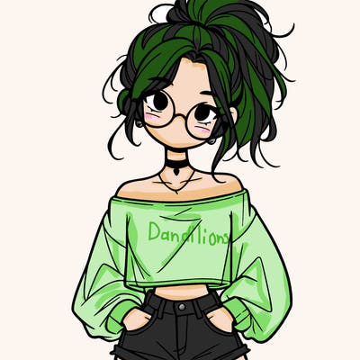 girl with a messy ponytail glasses a baggy crop top and jean shorts