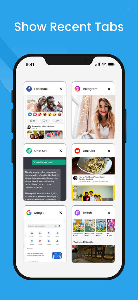 Internet Browser :Private,Safe - Internet Browser app showing a grid of open recent tabs for Facebook Instagram and YouTube