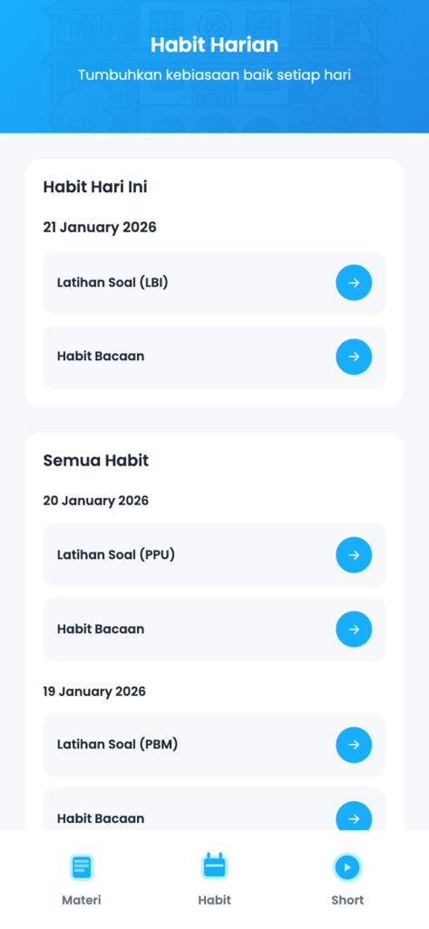 Zypia app interface showing daily study habits and practice test schedules for UTBK exam preparation.