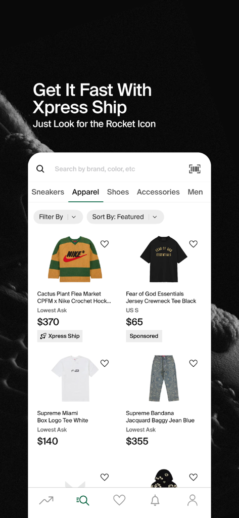 StockX - Sneakers and Apparel - StockX mobile app interface showing the apparel section with streetwear items and the Xpress Ship feature highlighted