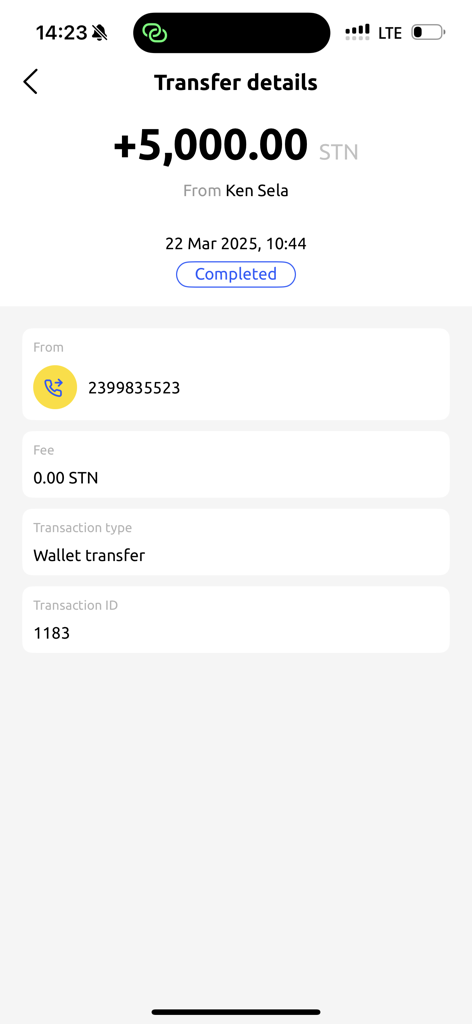 SaoWallet - SaoWallet app screen displaying a completed transfer of 5000 STN with zero fees
