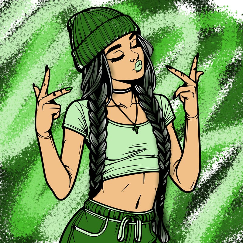 realistic teenage girl with braids and a beanie and crop top doing 🫶🏼