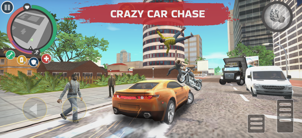 Un coche deportivo amarillo en una persecución a alta velocidad con personajes volando por el aire en una ciudad de mundo abierto.