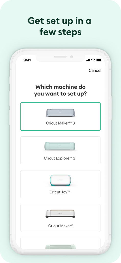 Cricut Design Space - Cricut Design Space app machine setup screen showing selection for Cricut Maker 3 Explore 3 and Cricut Joy