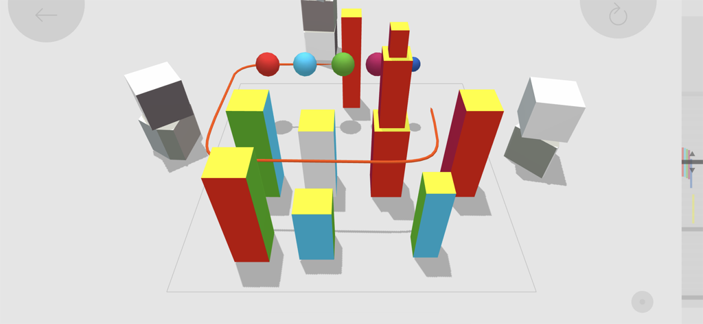 4D Toys - An interactive scene from the 4D Toys app featuring colorful rectangular blocks and spheres visualizing four-dimensional space