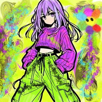 anime teen girl with baggy pants and crop top with sweater