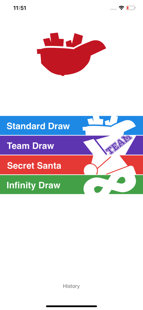 Names in a Hat - Main menu of the Names in a Hat app showing drawing options including Team Draw and Secret Santa