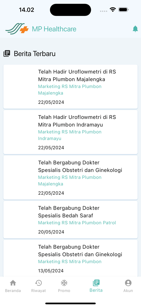 Latest news and hospital updates on the MP Healthcare mobile application interface