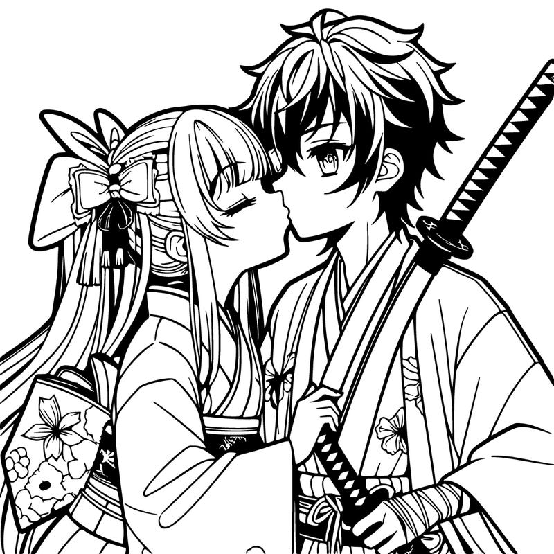 a girl with long hair a ribbon in her hair with a kimono kissing a boy with a kimono and a katana anime style