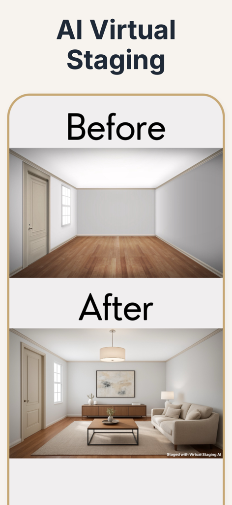 Virtual Staging AI Real Estate - Comparação de antes e depois de um cômodo vazio transformado em uma sala de estar moderna com staging virtual por IA