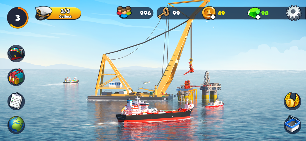 Port City: Ship Simulator - Captura de pantalla del juego Port City Ship Simulator que muestra un buque de carga navegando cerca de una grúa en alta mar y una plataforma de perforación