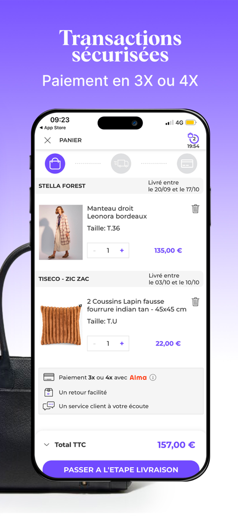 Carrito de compras de la aplicación móvil BazarChic que muestra un artículo de moda y decoración para el hogar con opciones de pagos seguros a plazos