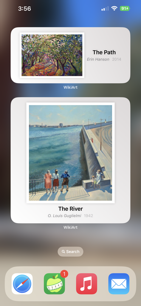 WikiArt - Schermata Home di iPhone che mostra i widget dell'app WikiArt con i dipinti Il Sentiero e Il Fiume.