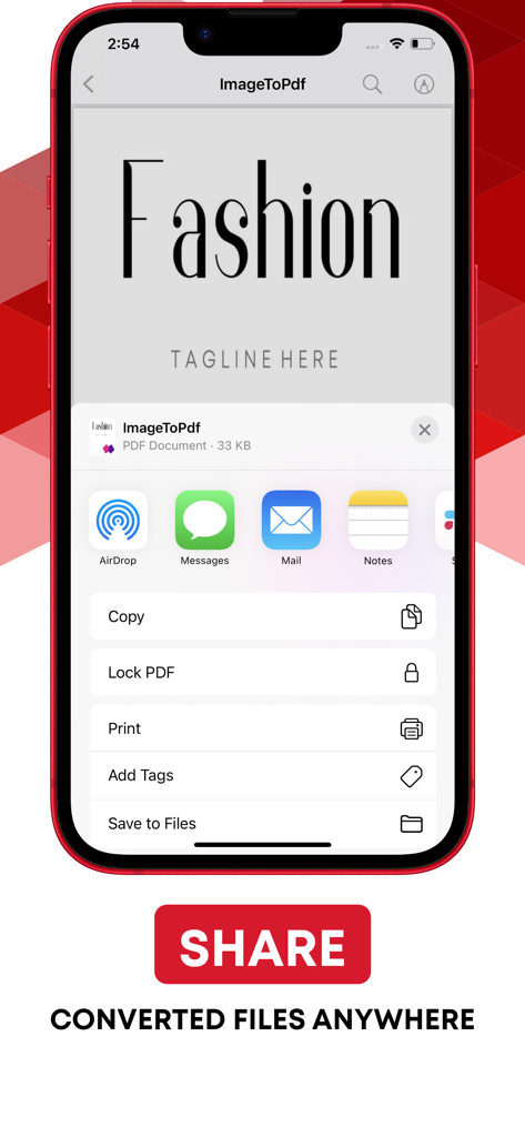 Interfaccia dell'app mobile che mostra le opzioni di condivisione per i documenti PDF convertiti su un iPhone
