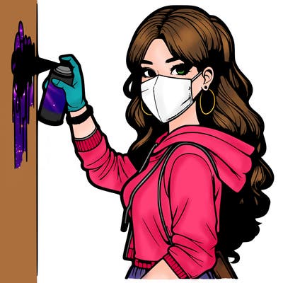 realistic girl with mask spray painting a wall