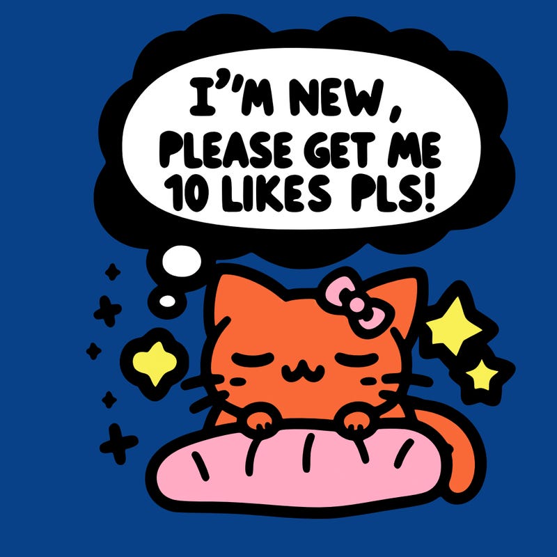 kitty taking a nap dream talking and saying "i'm new, please get me at least 10 likes pls!!"