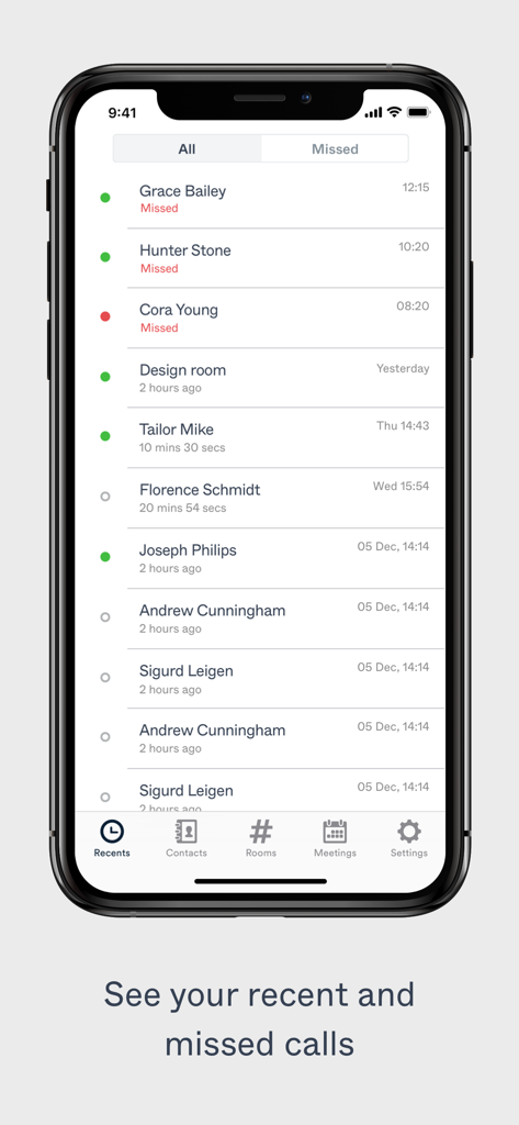 Pexip (My Meeting Video) - Pexip app interface displaying a list of recent and missed video calls on an iPhone screen