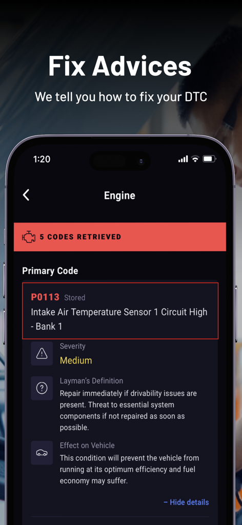 RepairSolutions2 - La aplicación RepairSolutions2 muestra el código de diagnóstico del motor P0113 con consejos de reparación y detalles de gravedad