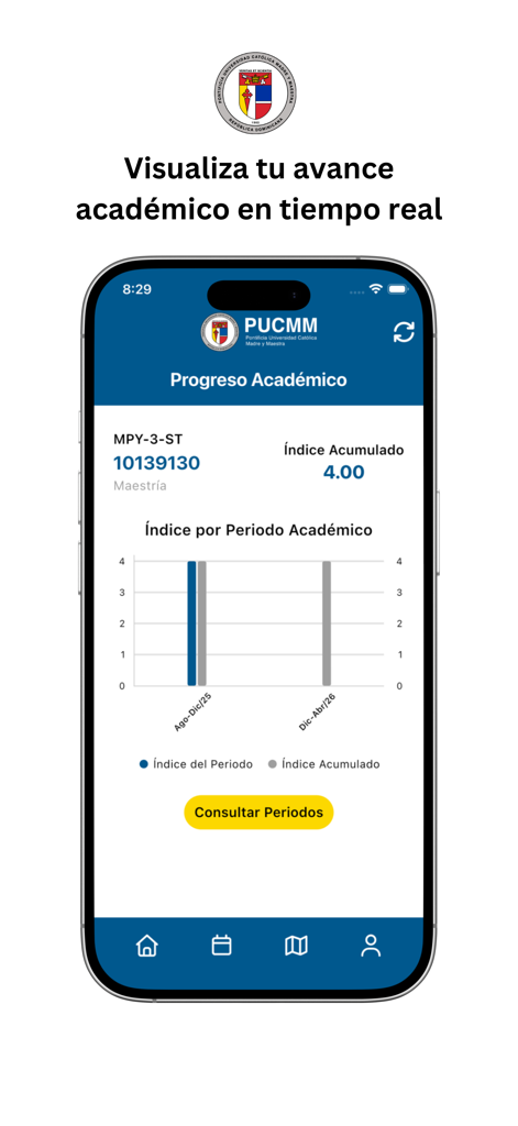 PUCMM - PUCMM mobile app screen showing a student's academic progress and cumulative GPA