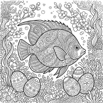 Celebrate Easter with a unique underwater twist on this intricate adult coloring page. Featuring a beautifully patterned reef fish amidst spring blossoms and decorative Easter eggs, it promises hours of mindful relaxation and creative joy.