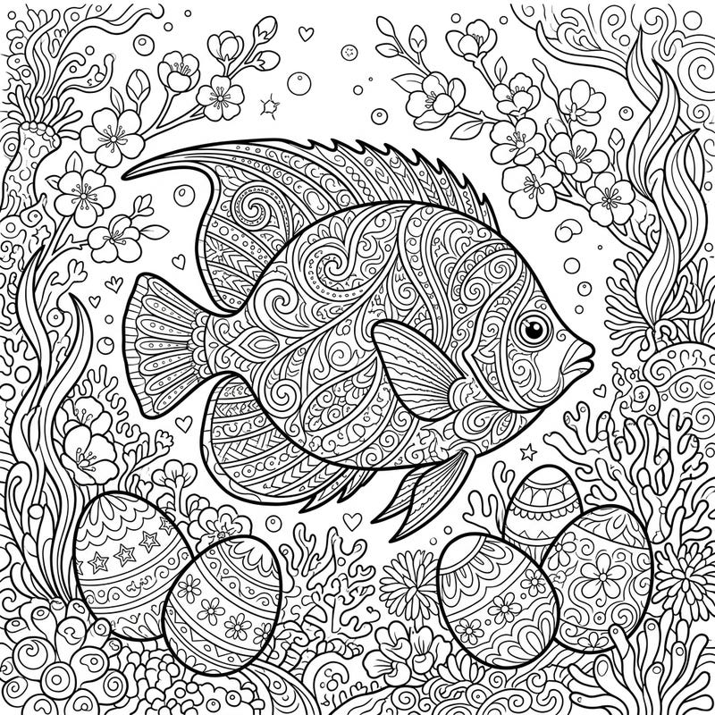 Celebrate Easter with a unique underwater twist on this intricate adult coloring page. Featuring a beautifully patterned reef fish amidst spring blossoms and decorative Easter eggs, it promises hours of mindful relaxation and creative joy.