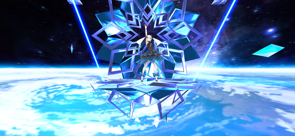 ALTDEUS: Beyond Chronos - An anime character performing on a floating crystal platform in space above a planet.