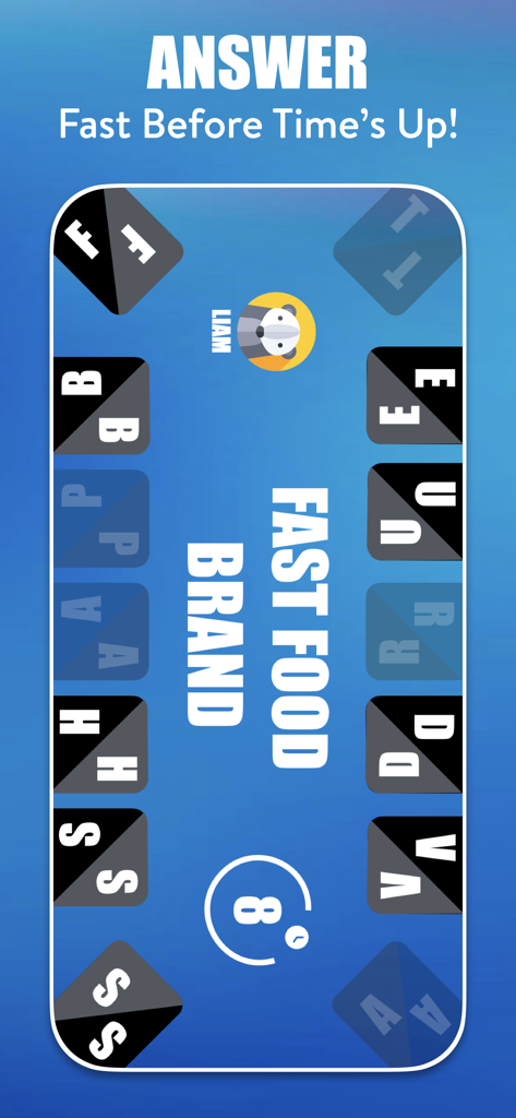 Tap Battle - Party Game - Tela de jogo do jogo de palavras Tap Battle mostrando a categoria Marca de Fast Food e um cronômetro regressivo